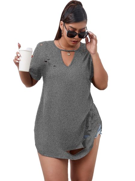 

plus keyhole neck longline tee q8dl#, Black