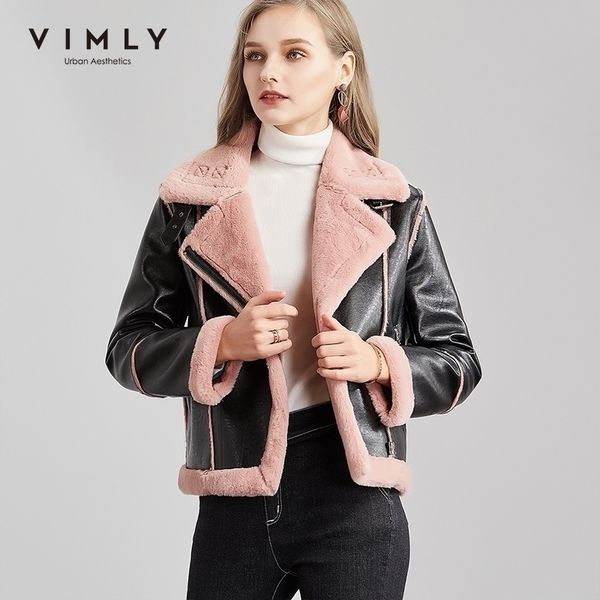 

vimly women lambswool jacket streetwear autumn winter lapel patchwork zipper thick casual female short leather jacket 3389h 201029, Black;brown