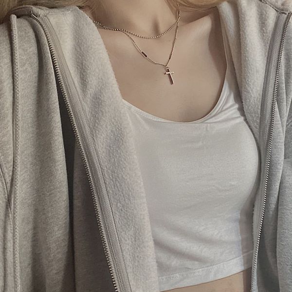 

woolen chain simple cold wind double necklace female niche design cross pendant clavicle chain, Silver