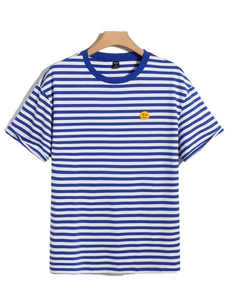 

men 1pc cartoon patched striped drop shoulder tee y9va#, White;black