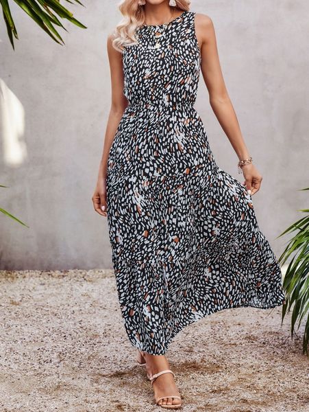 

allover print ruffle hem dress p4ae#, Black;gray
