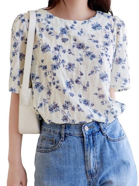 

dazy floral print puff sleeve keyhole back blouse g1ay#, White