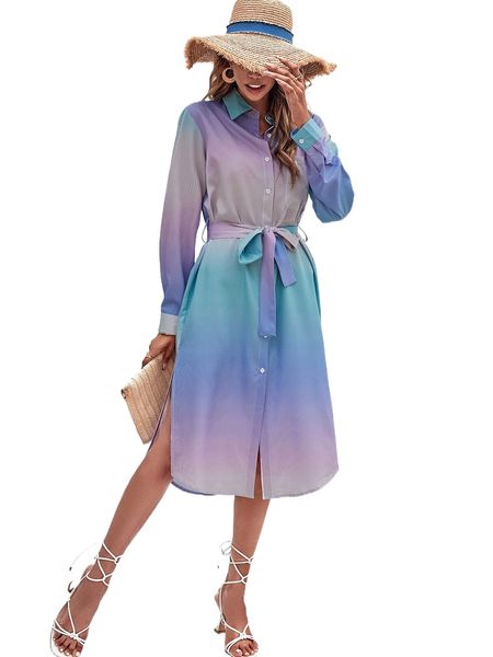 

ombre split hem belted shirt dress y1jo#, Black;gray