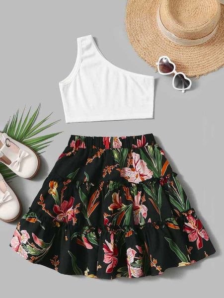 

girls one shoulder and tropical tiered skirt set she, White