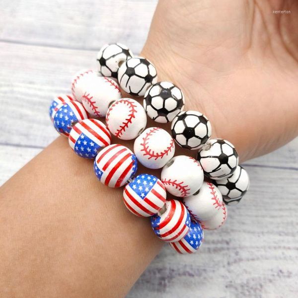 Armreif mit Holzperlen, Baseball-Armbänder, Armreifen für Frauen, dehnbare Holzperlen, amerikanische Flagge/Volleyball/Tennis, Sport, Mutter-Geschenke, Armreif Kent22