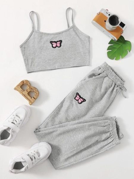 

girls butterfly patched crop cami and sweatpants set she, White