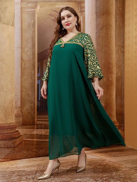 

plus gold print flounce sleeve pearls beaded dress r2te#, Black