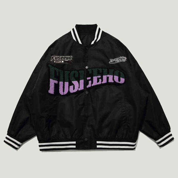 

streetwear harajuku furry letters embroidery baseball bomber jackets mens casual oversize loose letterman varsity coats t220728, Black;brown