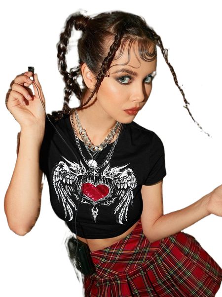 

heart and wing print rhinestone detail crop tee h6xx#, White