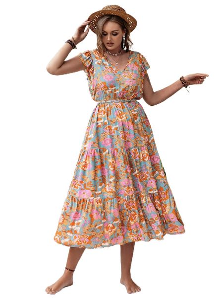 

rusttydustty plus floral print butterfly sleeve ruffle hem dress without belt w0xb#, Black