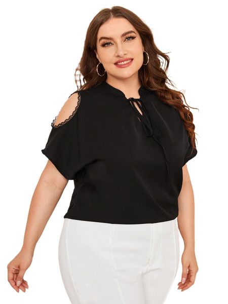 

plus tie front cut out shoulder blouse 94op#, Black