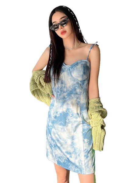 

dazy tie dye zip back cami dress a592#, Black;gray