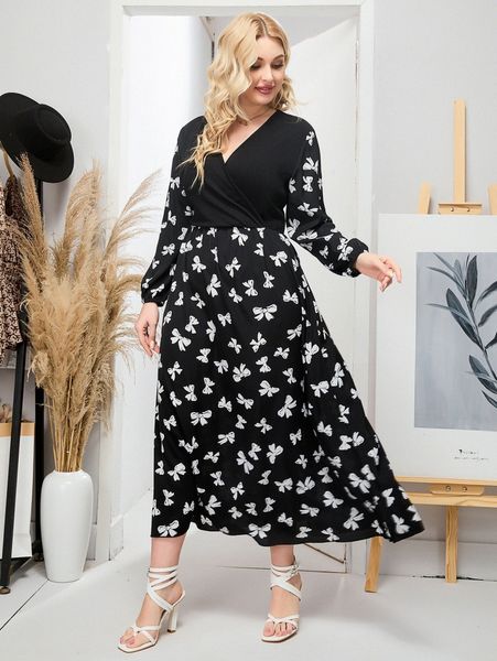 

plus bow print lantern sleeve overlap collar dress t2l9#, Black