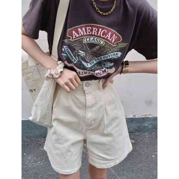 

women's leggings casual waist pleated denim shorts are versatile. summer high straight pants he0g, Black