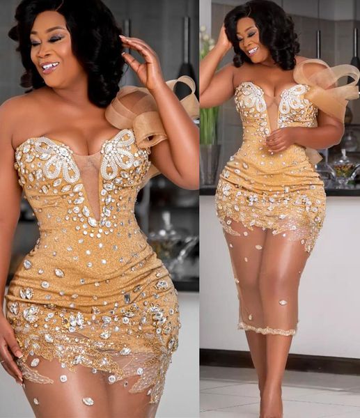 2022 Plus Size Arabisch Aso Ebi Gold Luxuriöse Etui-Abschlussballkleider Perlenkristalle Abendformelle Party Zweiter Empfang Geburtstag Verlobungskleider Kleid