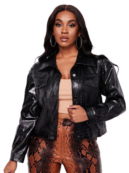 

flap pocket button front pu leather jacket b8no#, Black;brown