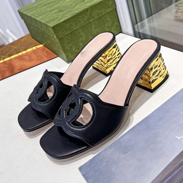 

2022 latest high-heeled hollow out slippers leather fashion interlocking details letter lazy one word trailer open toe metal medium heel fis, Black