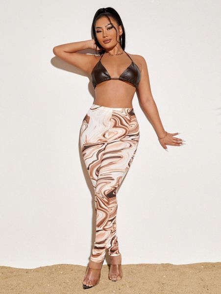 

sxy backless crop halter with marble print leggings 378h#, White