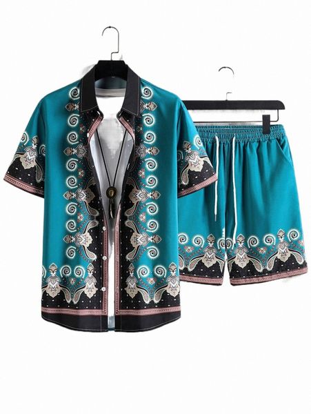 

men paisley print shirt & shorts without tee s4fg#, Gray