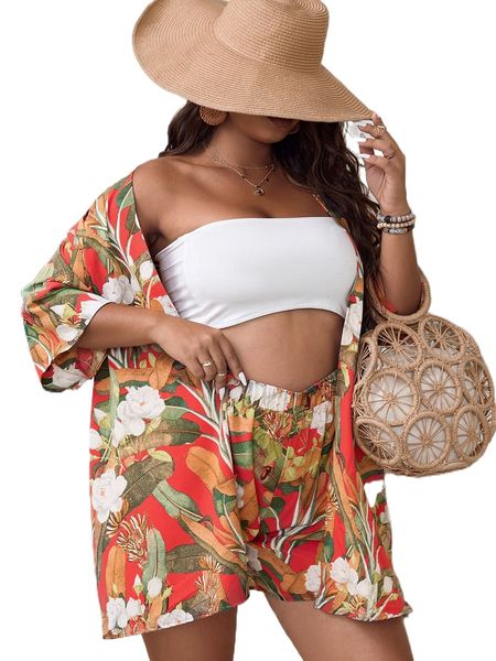

plus tropical print kimono & shorts h9bu#, Black