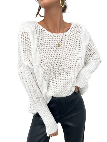 

batwing sleeve cable knit sweater e5br#, White;black