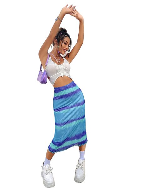

tie dye lettuce trim mesh skirt t8t3#, Black