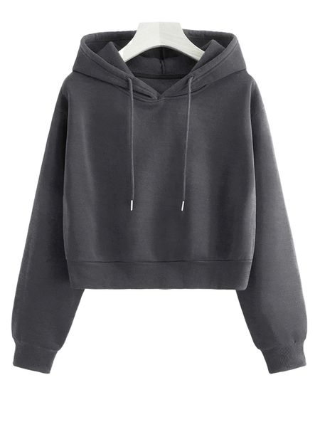 

solid drawstring crop thermal lined hoodie e1ys#, Black