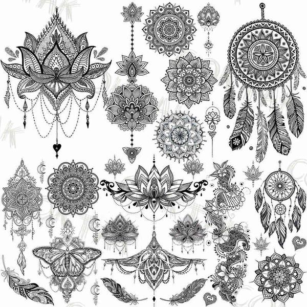 NXY Temporäre Tätowierung, sexy schwarze Henna-Tattoos für Frauen und Mädchen, Körperkunst, Dekoration, gefälschte Schmuckketten, wasserdicht, Mandala-Blumen-Tattoos-Set, 0330