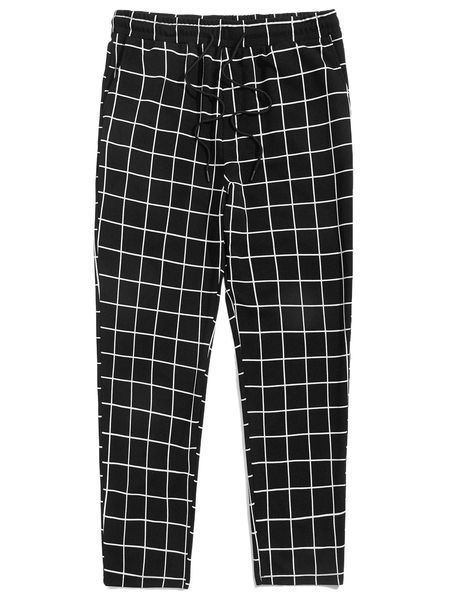 

men plaid drawstring pants i2e5#, Black