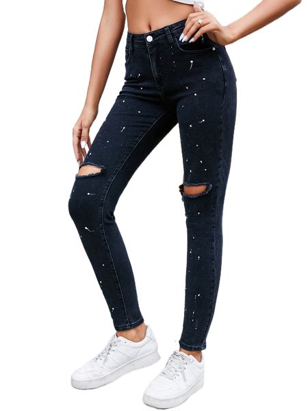 

high stretch ripped skinny jeans 6590#, Blue