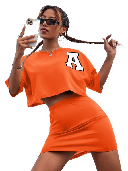 

letter graphic drop shoulder crop tee & skirt l0sd#, White