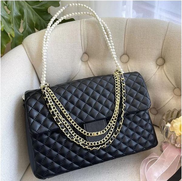 

ladies classic designer bags solid color genuine leather flap mini shoulder bag luxury fashion beads decorated three chains crossbody bags f