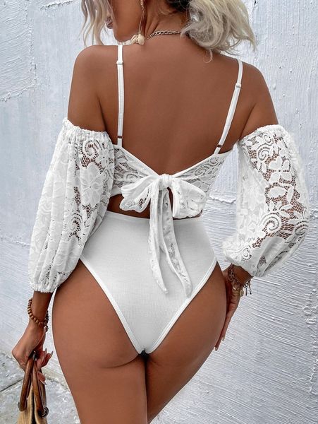 

tie backless cold shoulder lace bodysuit l5vo#, White