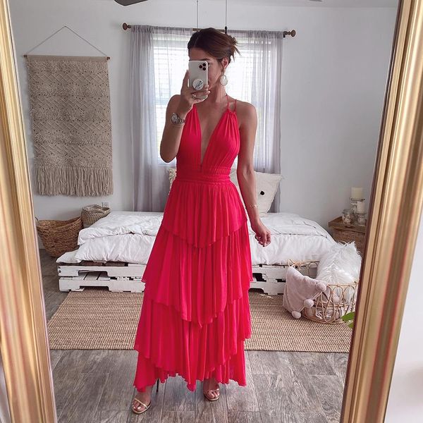 

summer womens dress v-neck sleeveless vacation beach solid color dresses backless skinny red chiffon, White