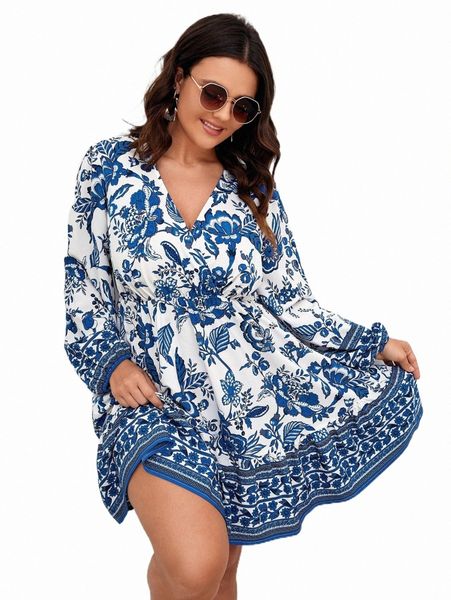 

plus floral print lantern sleeve ruffle hem belted dress b7hz#, Black