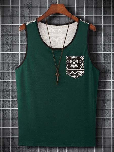 

men geo print contrast binding patched pocket tank v5sm#, White;black