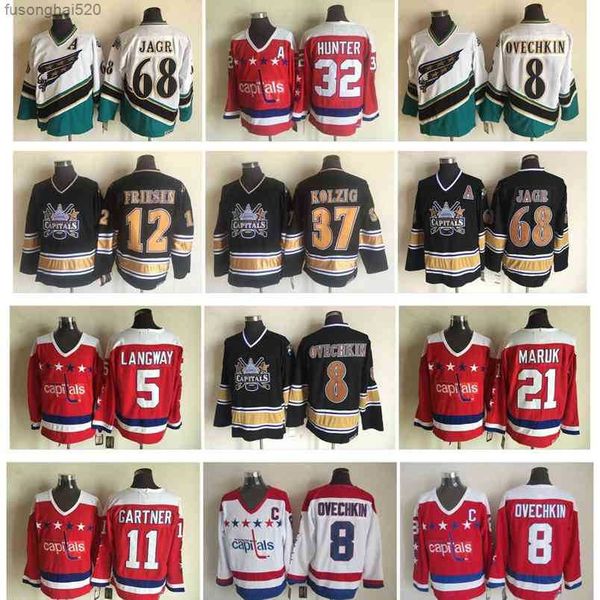 

95 vintage washington capitals jersey 8 alex ovechkin 68 jaromir jagr 37 kolzig 12 jeff friesen 5 rod langway 21 maruk 11 gartner ccm hockey, Black