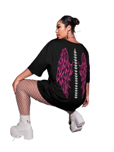 

plus wings print drop shoulder tee l1sw#, Black