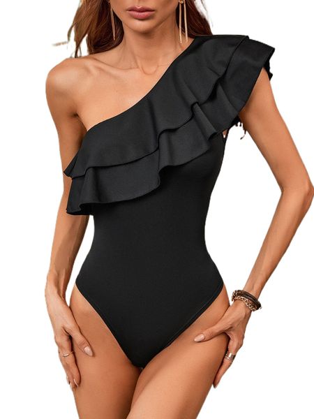 

one shoulder ruffle trim bodysuit l1tc#, White