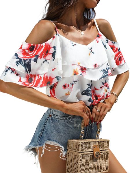 

floral print cold shoulder ruffle trim blouse q3ik#, White