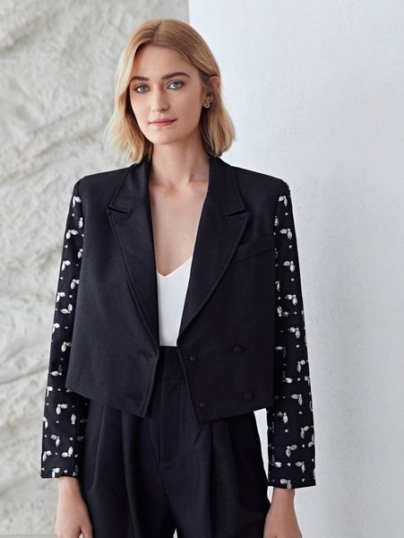 

motf premium contrast sequin crop blazer h79g#, White