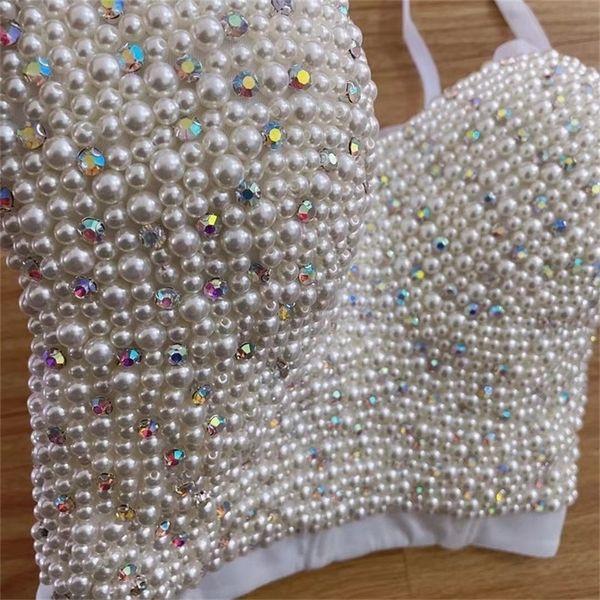 

high-quality hand-made pearls jewel diamond bralet women's bustier bra cropped vest plus size w1165 220325, White