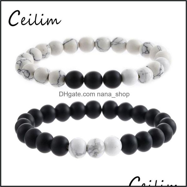 

link chain bracelets jewelry new simple couple beads bracelet women men natural matte stone bead chakra healing energy meditation elastic y, Black
