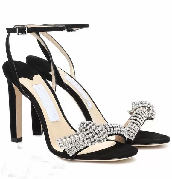 Elegante 2022S Donna Thyra Sandali Crystal Strappy Tacchi alti Pelle di vitello Nero Rosso Camoscio Cinghie Punta tonda Lady Marchi Décolleté Scarpe EU35-43.Con scatola