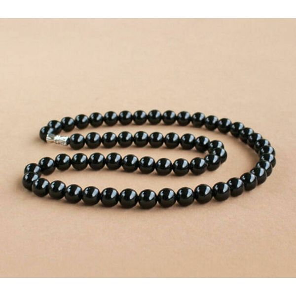 

fashion natural agate 8mm black onyx round gem beaded necklace 18&quot, Silver