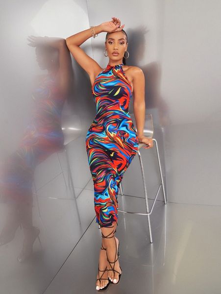 

marble print tie backless halter bodycon dress l2cx#, Black;gray