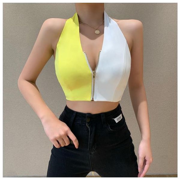 

contrasting color halter backless tank zipper stitching skinny vest streetwear v-neck sleeveless crop female, White