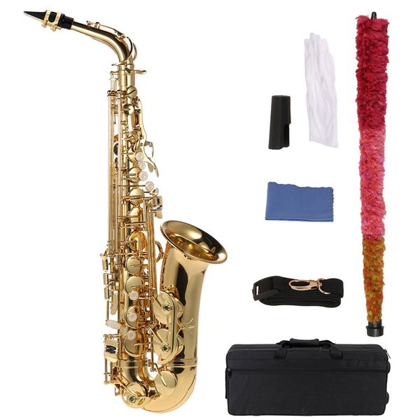 

eb alto saxophone brass lacquered gold e flat sax 802 key type woodwind instrument with brush cloth gloves strap padded case