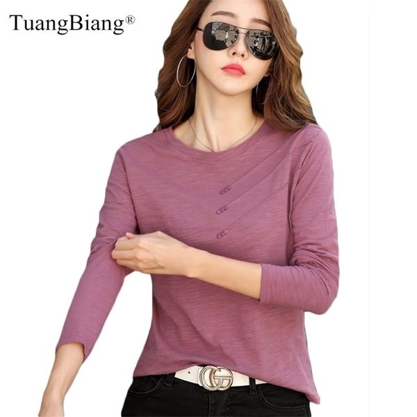 

long sleeve women bamboo cotton casual solid t-shirt spring female loose fashion button t shirts o-neck green purple 220402, White