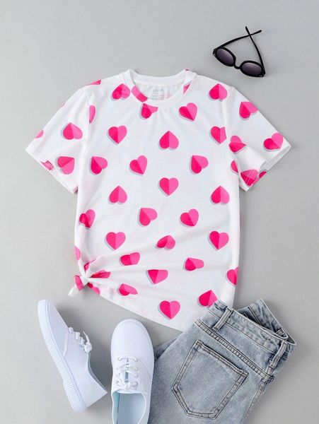 

allover heart print round neck tee 94qb#, White